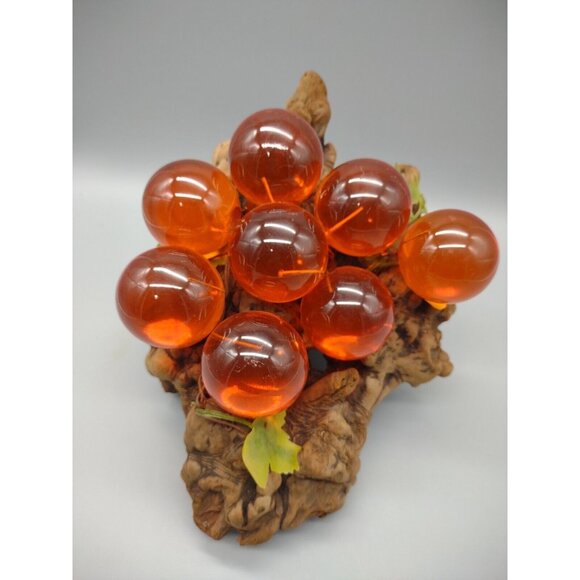 Vintage 11" Long MCM Large Orange Lucite Grape Cluster Burlwood Mid Century Mod - Picture 10 of 17